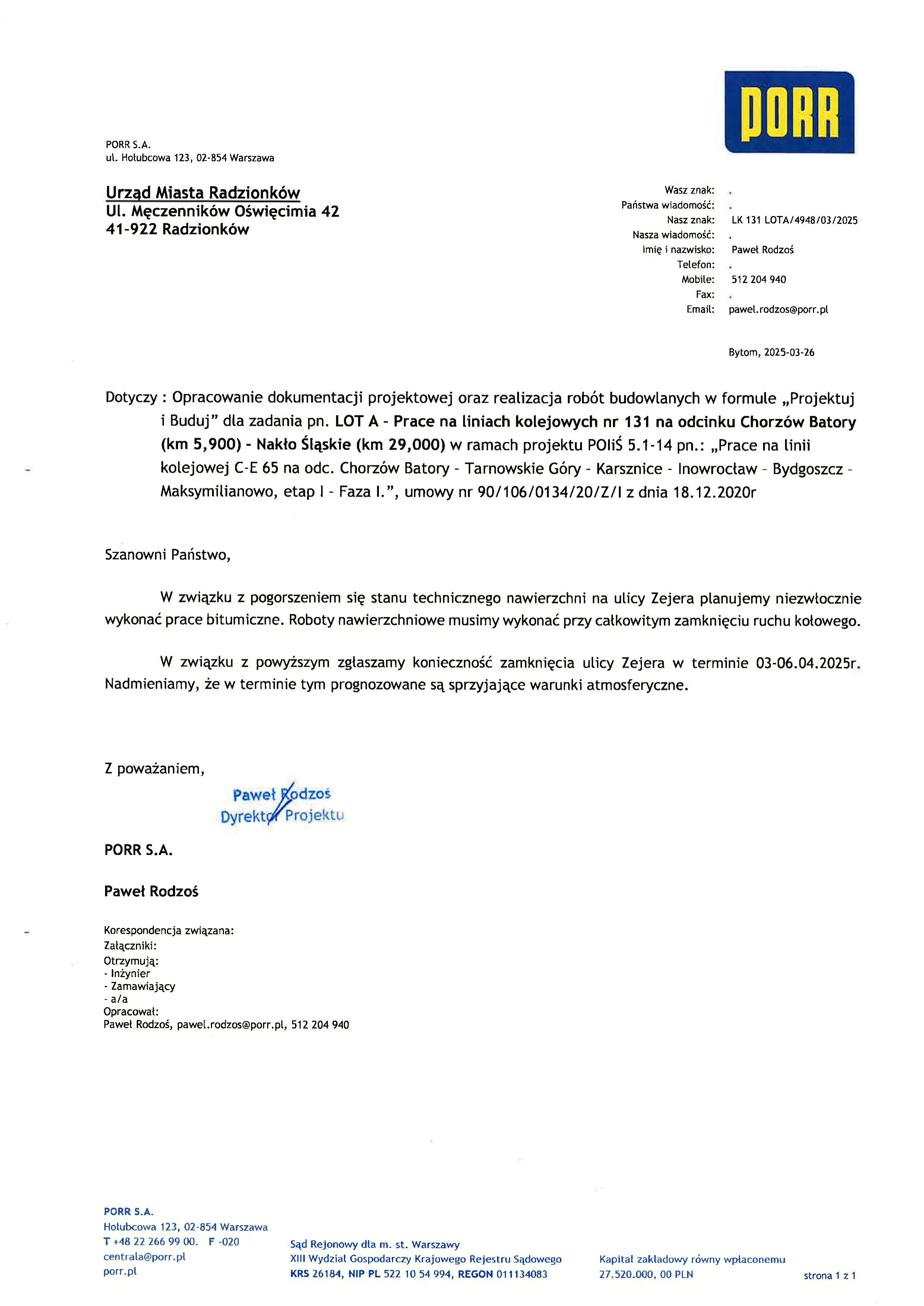 Pismo dotyczące opracowania dokumentacji projektowej